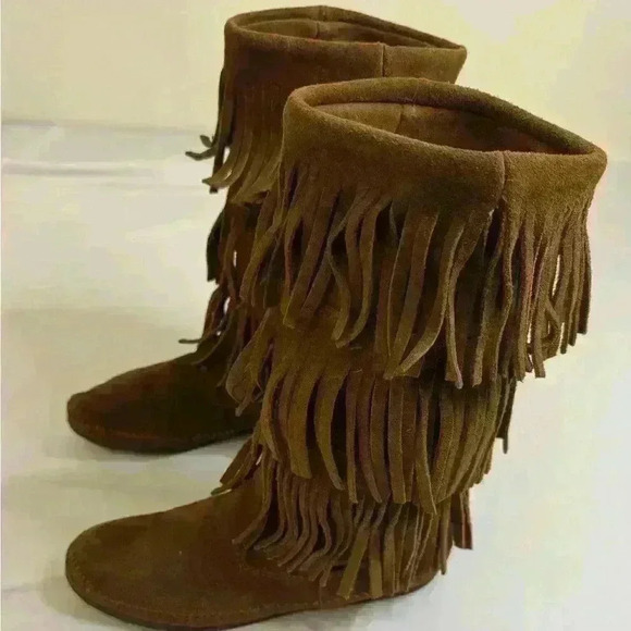 Vintage 90’s Minnetonka 3 Layer Fringe Festival Boho Western Suede  Boots size 8 - Picture 8 of 13